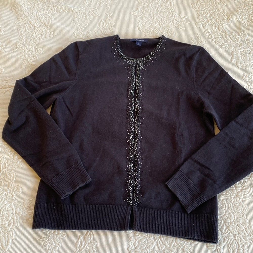 Lands End black sweater cardigan in small 6-8 with bead detailing